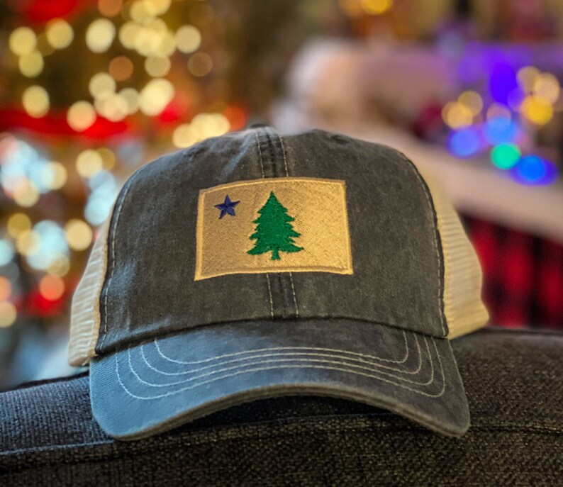Embroidered Vintage Maine Flag on a Midnight Blue Adams Adult Game Changer Soft Trucker Hat
