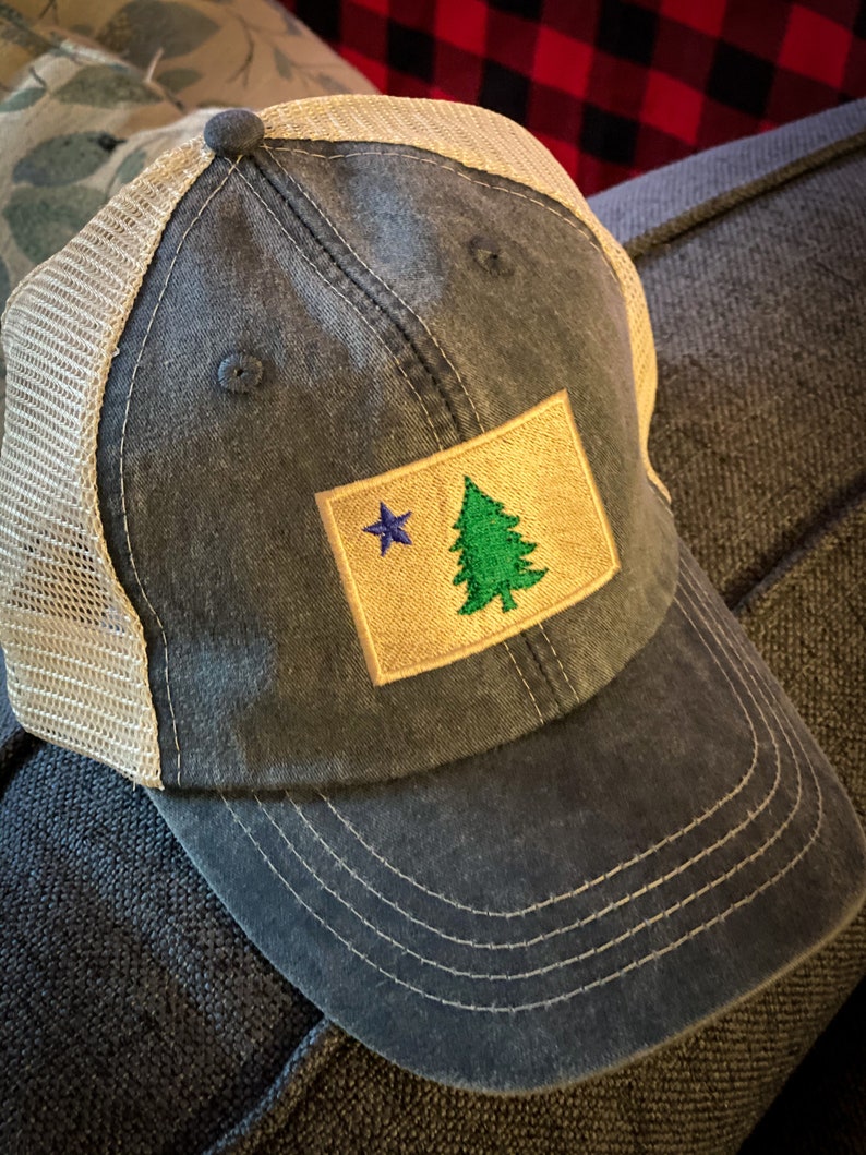 Embroidered Vintage Maine Flag on a Midnight Blue Adams Adult Game Changer Soft Trucker Hat
