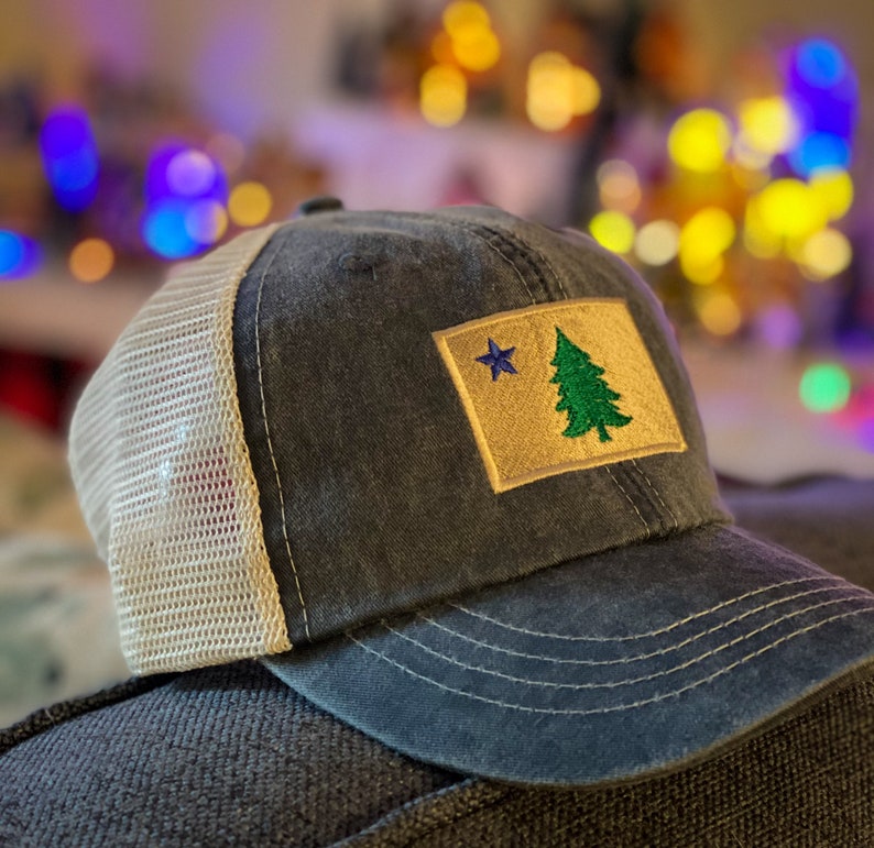 Embroidered Vintage Maine Flag on a Midnight Blue Adams Adult Game Changer Soft Trucker Hat