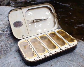 C. 1925 Army And Navy Vintage Fly Box, Made By Farlows, 16 Compartments Under 6 lids, With 100 Vintage Dry Flies, Includes Box History Info