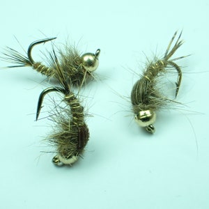 Tungsten Gold Beaded Humphie Backit Hare Lug, barbed nymph, fast sinking fishing fly, for trout and other species, great fly fishing gift.