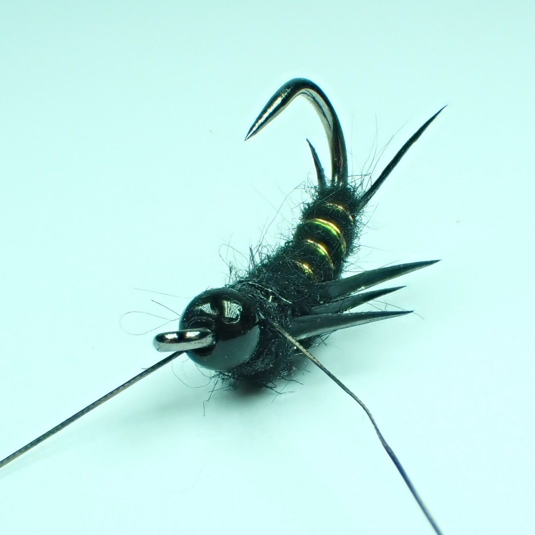 Copper and Chartreuse Ribbed, Black Stonefly. Barbless Weighted Nymph.  Great Pattern for Imitating Salmonfly Nymphs. Gift for Fly Anglers. 