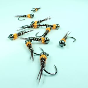 Claret And Orange Frenchie, barbless jig nymph fishing fly with tungsten bead for Euro nymphing, a great gift for fly anglers.