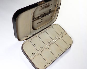 C. 1900 Farlows Vintage fly box with 11 compartments, cast compartment and tweezers, japanned steel, a great gift for fly anglers.