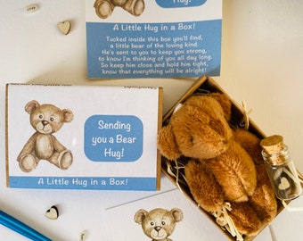 Sending a bear hug, A hug in a box, Postbox hug, Thinking of you, Letterbox gift, A hug for you, Sympathy, Matchbox gift, Tiny Teddy, Love