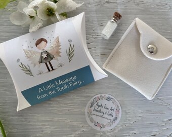 Tooth Fairy - Message from the Tooth Fairy,  Velvet Pouch for Lost Tooth, Fairy Dust in Tiny Jar, First tooth, Tooth Fairy Keepsake.