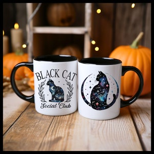 ブラック キャット ソーシャル クラブ コーヒー カップ、ブラック キャット ソーシャル クラブ コーヒー マグ、ハロウィン コーヒー カップ、ブラック キャット ハロウィン コーヒー カップ、神秘的なブラック キャット