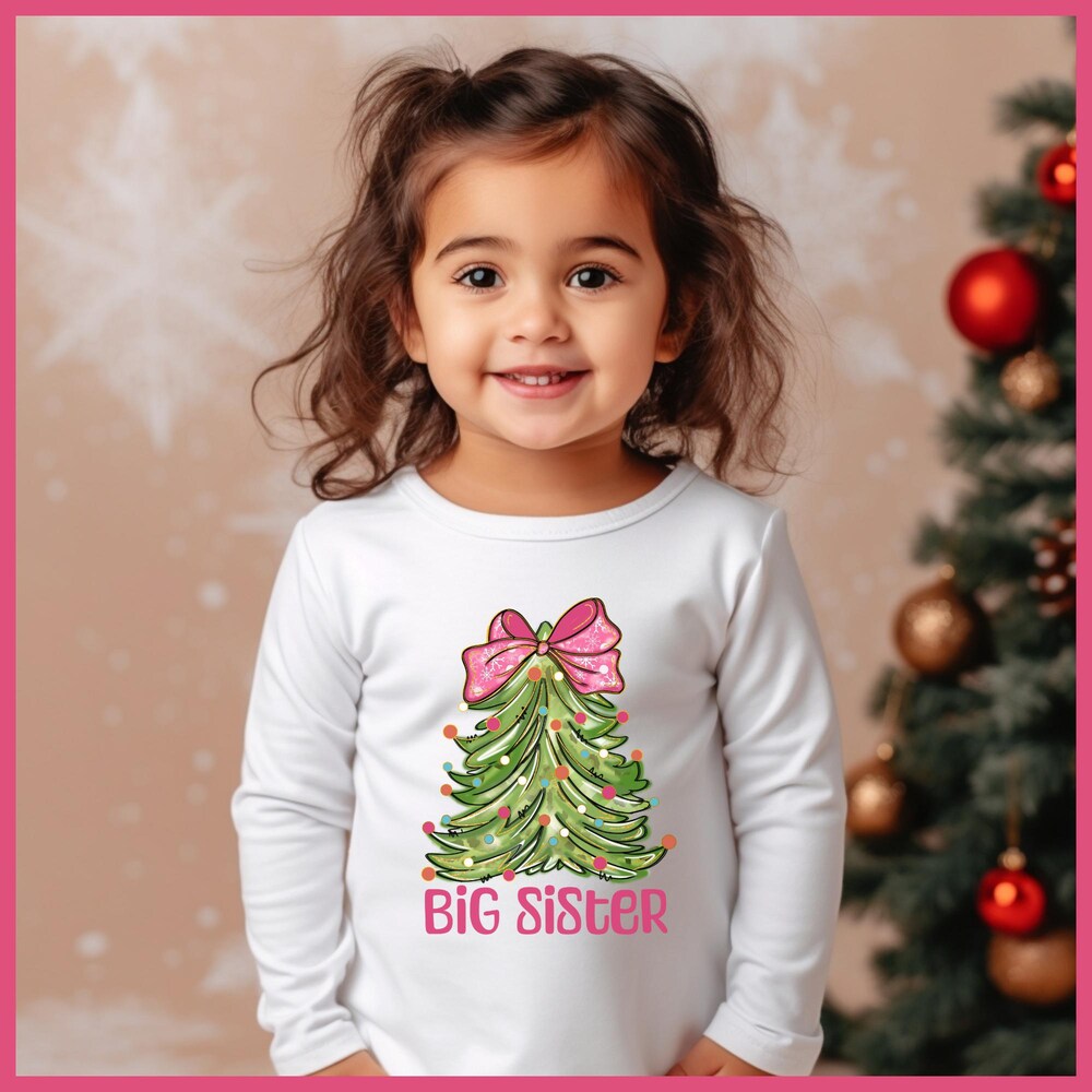 Big Sister Christmas Toddler Long Sleeve Tee, Toddler Girl Big Sister Christmas Long Sleeve, Pink Christmas Tree Sister Long Sleeve Iconictees