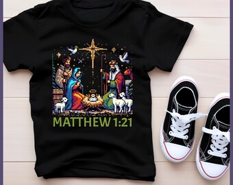 Maglietta con scena della natività in pixel art, Maglietta con scena della natività per ragazzi, Maglietta con scena della natività per ragazze, Maglietta con scena della natività di gruppo per uomini e donne