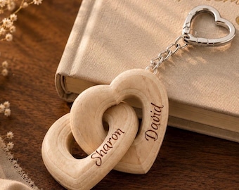 Personalized Wooden Heart Keychain, Custom Couple Names Keychain, Anniversary Gift for Him Her, Romantic Wedding Gift