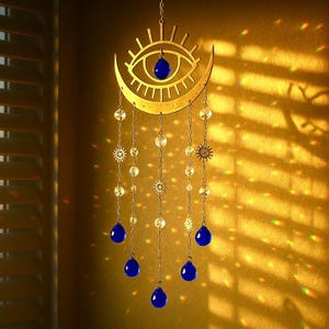 Evil Eye Moon Suncatcher, Boho Home Decor, Crystal Wall Hanging, Spiritual Room Ornament, Unique Gift For Him or Her, Rainbow Maker