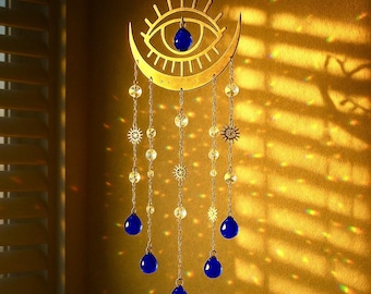 Evil Eye Moon Suncatcher, Boho Home Decor, Crystal Wall Hanging, Spiritual Room Ornament, Unique Gift For Him or Her, Rainbow Maker