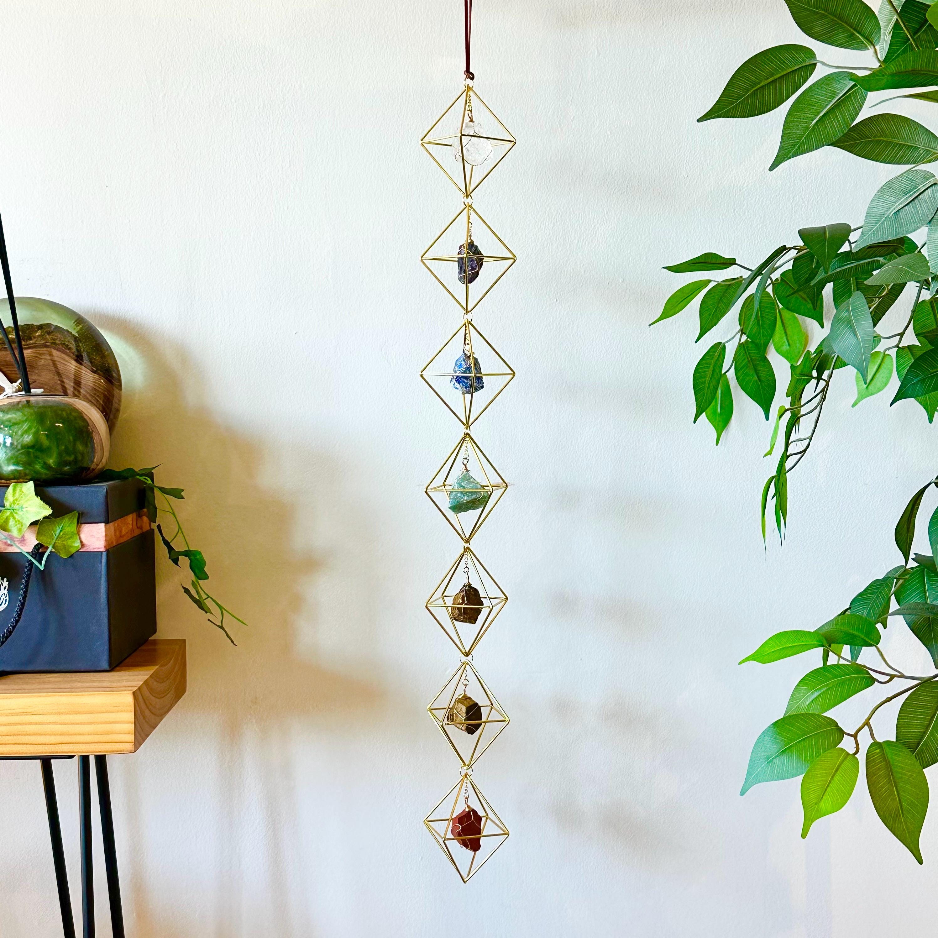 7-Chakra Raw Crystal Hanging Decor, Christmas Holiday Gift, Boho Suncatcher Garden Hanging, Natural Healing Stones, Gold Window Decor