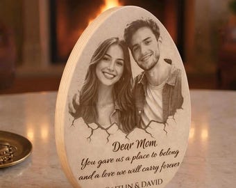 Personalized Mother’s Day Gift for Mom, Custom Photo Wood Plaque, Engraved Family Portrait on Wood, Unique Mom Gift from Kids, Rustic Decor