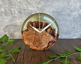 Custom Made Epoxy Table Clock 7 Inch, Olive Wood Resin Round Standing Clock, Rustic Live Edge, Housewarming Gift, Home Decor, Epoxy Wood Art