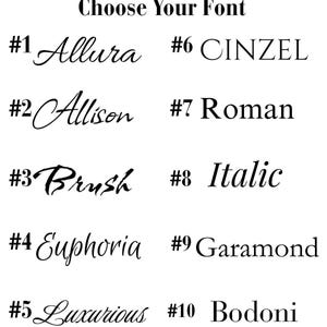 May include: A white background displays a selection of ten different font styles. Each font is numbered and labeled with its name, including Allura, Allison, Brush, Euphoria, Luxurious, Cinzel, Roman, Italic, Garamond, and Bodoni.