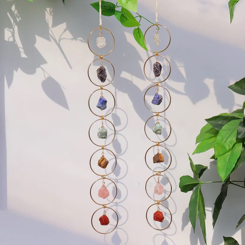 7-Chakra Crystal Hanging, Mother's Day Gift, Boho Suncatcher Home Decor, Natural Raw Stones,Healing Crystal Window Hanging,Amethyst Gemstone image 5