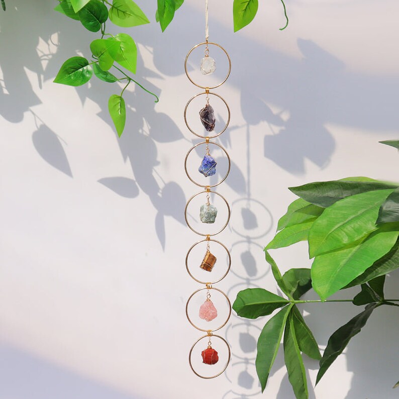 7-Chakra Crystal Hanging, Mother's Day Gift, Boho Suncatcher Home Decor, Natural Raw Stones,Healing Crystal Window Hanging,Amethyst Gemstone image 1