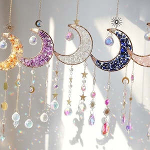 Crescent Moon Crystal Suncatcher – Boho Hanging Window Decor, Prism Rainbow Maker, Celestial Wall Ornament, Moon Phase, Housewarming Gift
