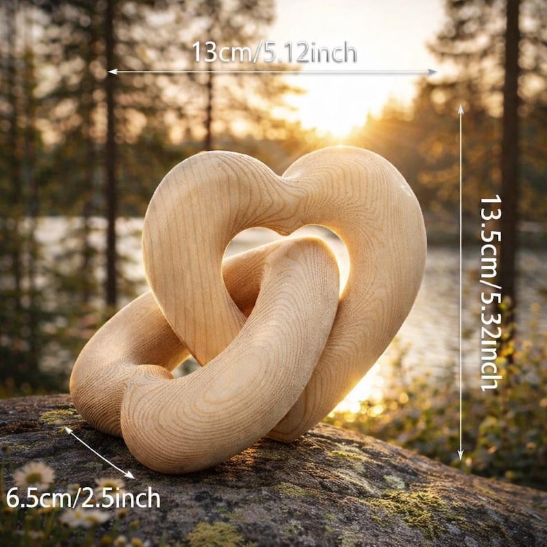 May include: A light-colored wooden heart sculpture, 5.32 inches tall and 5.12 inches wide, interlocked with another loop. The sculpture is 2.5 inches thick and sits on a rock, with a blurred forest background.