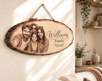 Personalized Photo Wood Sign, Custom Engraved Family Portrait, Rustic Wall Hanging Decor, Anniversary Gift, Custom Name Sign
