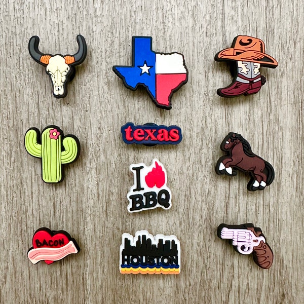 Texas Style Shoe Charms , Rodeo Clog Charms Country Clog Pins , Cowboy Shoe Charms , Cowgirl Shoe Charms