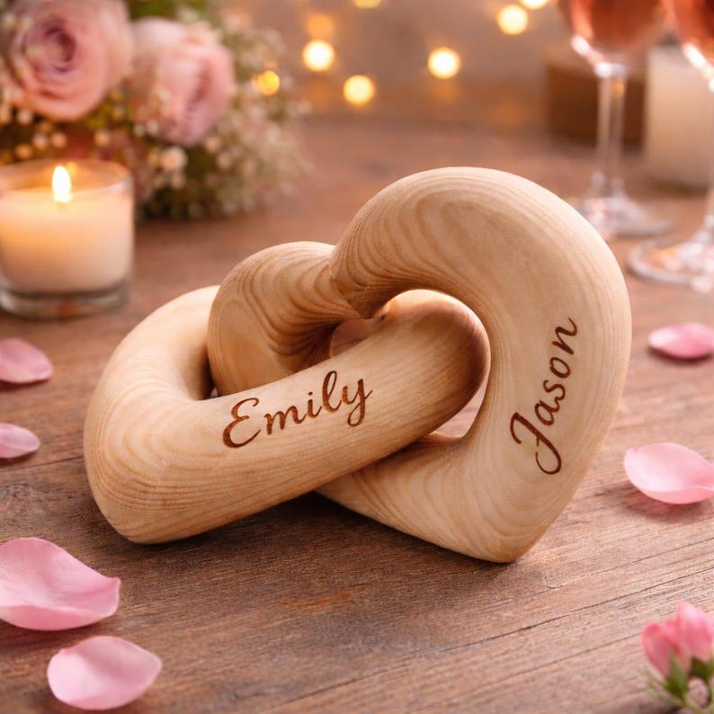 K&ouml;nnte beinhalten: Zwei ineinandergreifende Holzherzskulpturen, eine mit "Emily" und die andere mit "Jason" graviert. Die Herzen sind hellbraun und liegen auf einer Holzoberfl&auml;che, mit Rosenbl&auml;ttern und einer brennenden Kerze im Hintergrund.