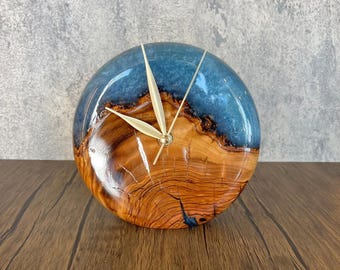 Custom Made Epoxy Table Clock 7 Inch, Olive Wood Resin Round Standing Clock, Rustic Live Edge, Housewarming Gift, Home Decor, Epoxy Wood Art