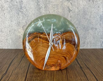 Custom Made Turquoise Epoxy Table Clock 7 Inch, Handmade Olive Wood Resin Round Standing Clock, Rustic Home Decor, Christmas Holiday Gift