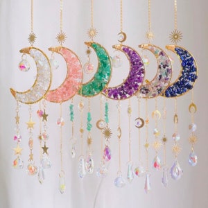 Crystal Moon Suncatcher, Crescent Moon Gemstone, Mother's Day Gift, Rose Quartz Boho Decor, Seven Chakra Stones, Amethyst Moon Light Catcher