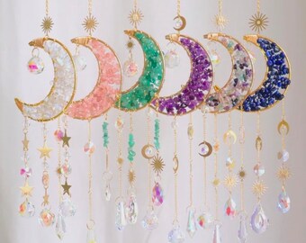 Crystal Moon Suncatcher, Crescent Moon Gemstone, Mother's Day Gift, Rose Quartz Boho Decor, Seven Chakra Stones, Amethyst Moon Light Catcher