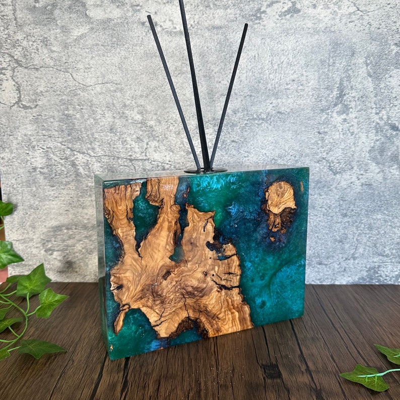Turquoise Epoxy Reed Diffuser Square, Handmade Wood Resin Diffuser 4 ...