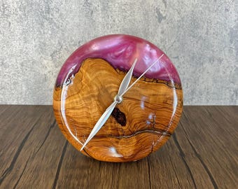 Custom Made Pink Epoxy Table Clock 7 Inch, Wood Resin Round Standing Clock, Rustic Live Edge, Holiday Gift, Home Decor, Epoxy Wood Art