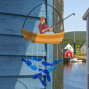 Fisherman Wind Chime with Glass Fish, Nautical Outdoor Wall Decor, Coastal Garden Hanging, Unique Gift for Him, Lake House Art