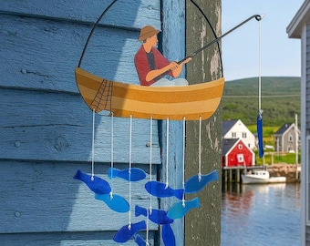 Fisherman Wind Chime with Glass Fish, Nautical Outdoor Wall Decor, Coastal Garden Hanging, Unique Gift for Him, Lake House Art