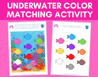 May include: An underwater color matching activity for kids. Cut out the fish on the right page and match them to the same colored fish on the left page.  The fish are red, orange, yellow, green, blue, purple, white, gray, and brown.