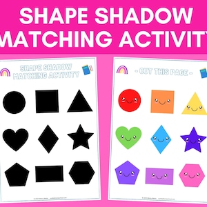 May include: A printable worksheet for kids to practice shape recognition. The worksheet has two pages. The first page has black silhouettes of a circle, square, triangle, heart, diamond, star, pentagon, rectangle, and hexagon. The second page has colorful shapes with happy faces, ready to be cut out and matched to the silhouettes.