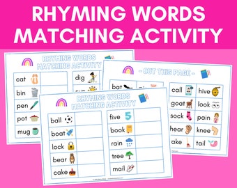 Rhyming Words Matching Activity | Kindergarten Matching game | Preschool Sorting Activity