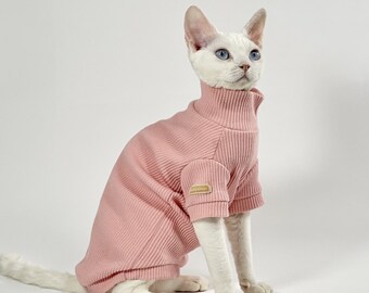 Ropa elástica de cuello alto para gatos Sphynx, algodón suave para bebés, otoño invierno/ropa para gatos pequeños/traje de gato Devon a rayas, ropa para mascotas sin pelo
