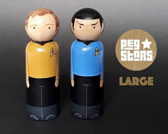 Hand painted Kirk and Spock inspired wooden Peg Dolls: Gift for Trekkie Sci-Fi (9cm)