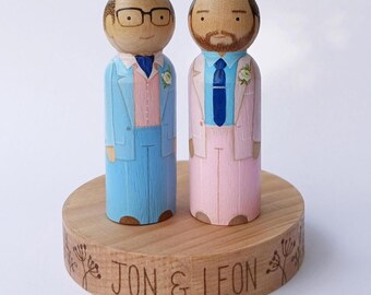 BESPOKE Same-Sex Wedding Cake Topper: Hand-Painted Wooden peg doll Portrait large 9cm. Wedding memento
