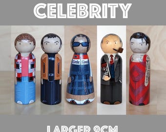 YOUR CHOICE of CELEBRITY Custom Hand-Painted wooden Peg Doll Portrait (larger 9cm figure)