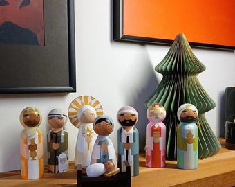 Hand Painted 8 piece Nativity Set - multi ethnicity. Wooden Christmas Decoration Scandi modern