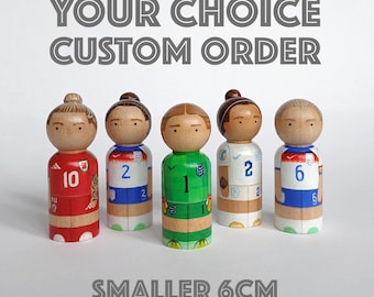 YOUR CHOICE of England LIONESS Footballer. Custom hand painted wooden Peg Doll Portrait: 6cm