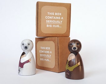 Hand-Painted Sending A Bear Hug Wooden Peg Doll - Thinking of You Gift 6cm