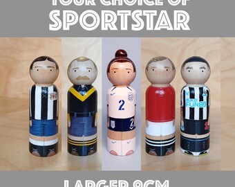 YOUR CHOICE of FOOTBALLER or Sportstar, Custom Hand Painted wooden Peg Doll Portrait: 9cm