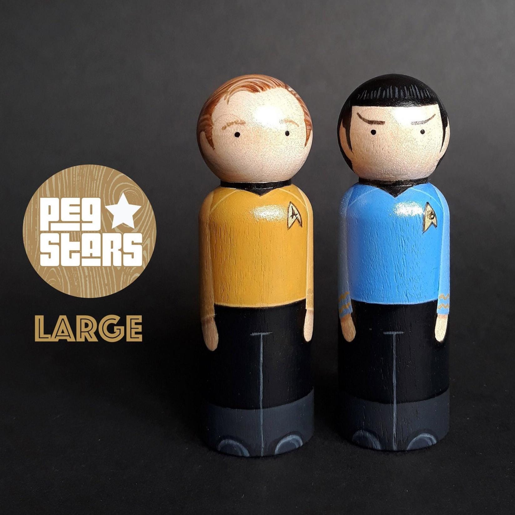 Kirk and Spock inspired peg dolls. Trekkie gift. 1960s Sci - fi. Hand painted wood peg figures large 9cm William Shatner Leonard Nimoy Sc Fi