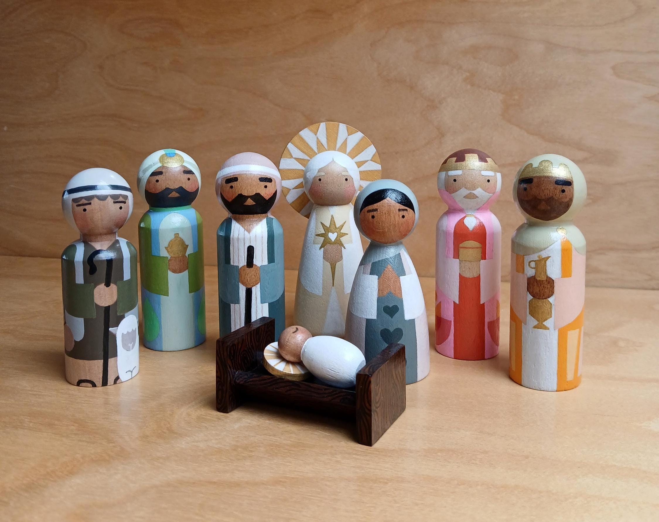 Custom Nativity Set Hand Painted 8 Piece Nativity Set - Multi Ethnicity. Wooden Christmas ...