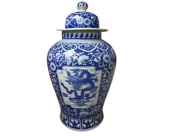 Dragon Ginjer Jar Chinoiserie Ginger Jar for Unique Home Decor - Blue & White Dragon Jar for Farmhouse Decor - Ceramic Jar for Home Decor