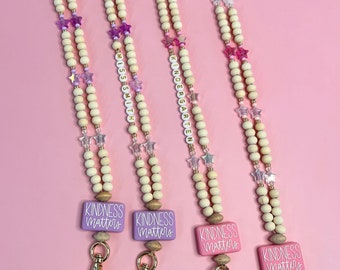 Kindness Matters Lanyard, Pink Stars Lanyard, Purple Stars Lanyard, Teacher Gift, Badge Necklace, Wood Bead Lanyard, Beaded Lanyard